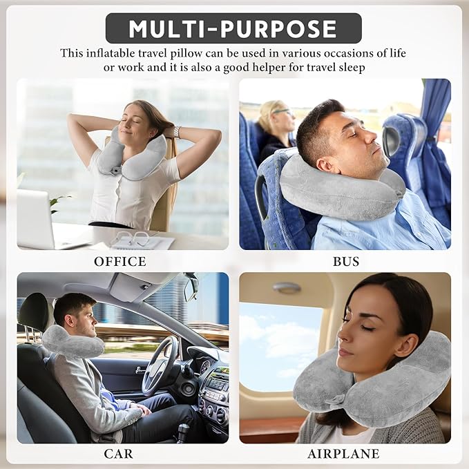 Sintuff 2 Pack Inflatable Travel Pillow for Airplanes Inflatable Neck Pillows with Compact Bag and Blindfold Soft Flight Pillow for Traveling, Airplane, Train, Car, Office(Gray)