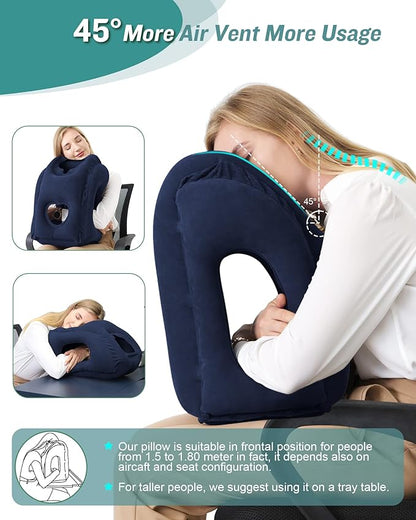 JefDiee Inflatable Travel Pillow, Airplane Neck Pillow Comfortably Supports Head and Chin for Airplanes, Trains, Cars and Office Napping with 3D Eye Mask, Earplugs and Portable Drawstring Bag (Blue)