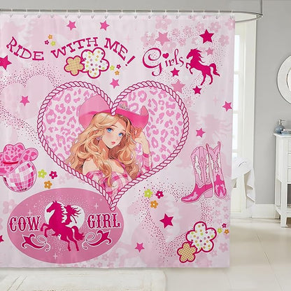 Western Cowgirl Kids Shower Curtains,Cowboy Boots Horseshoe Rustic Bathroom Curtains for Girls Women,Stars Leopard Flowers Cartoon Pink Romantic Waterproof Curtains,12 Hooks Suits,72"W x 84"L