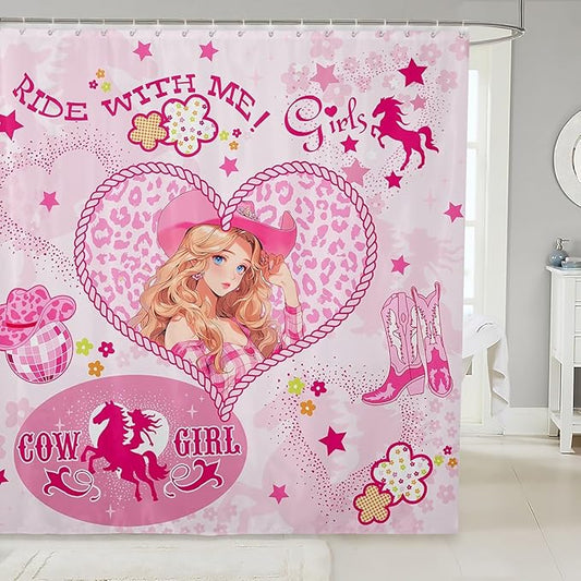 Western Cowgirl Kids Shower Curtains,Cowboy Boots Horseshoe Rustic Bathroom Curtains for Girls Women,Stars Leopard Flowers Cartoon Pink Romantic Waterproof Curtains,12 Hooks Suits,72"W x 78"L