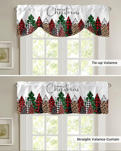 Merry Christmas Blackout Tie Up Valance Curtains for Kitchen Windows Buffalo Plaid Xmas Tree Winter Forest Farmhouse Window Toppers Balloon Shades for Living Room/Bath/Bedroom, 42" X 18", Red Green