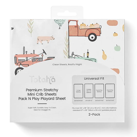 TotAha Premium Stretchy Pack N Play Playard Sheets | Mini Crib Sheets (2-Pack) -Hypoallergenic, Silky Comfort, Buttery Soft, Calming Effect, All-Season Jersey-Knit Sheets 38 X 24 (Farm & Pumpkin)