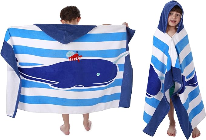 Kids Hooded Beach Bath Towel, Baby Surf Poncho Toddlers Soft Real Cotton Wrap Hooded Towels for Kids Boy Girl
