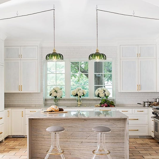 Plug in Hanging Light Fixture, Kitchen Pendant Lighting Glass Pendant Light, Green Pendant Lights for Kitchen Island, Bedroom, Dining Room, Living Room, E26 No Bulb