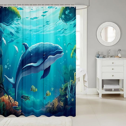 Feelyou Whale Shower Curtain Cute Whale Fabric Shower Curtain for Kids Boys Girls Blue Ocean Theme Bathroom Waterproof Accessories with 12 Hooks Ocean Animal Curtains,72x72 Inches