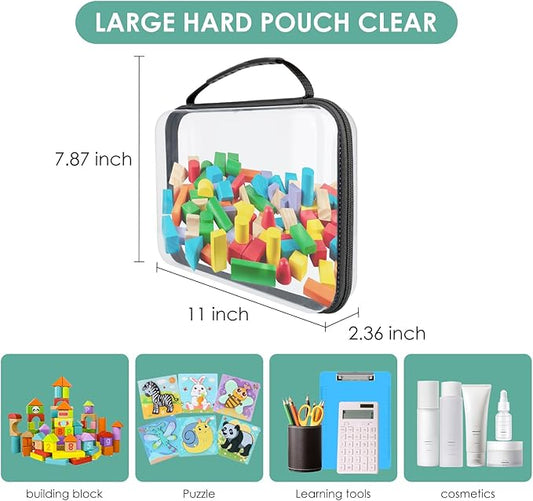 Clear Hard Zipper Pouch, Bliss Zippered Storage Bins, Waterproof PVC Shell Travelling Bags, Storage for Board Games, Building Blocks, Puzzles, Kids Books with Handle, Plastic Organizing, 4Pc