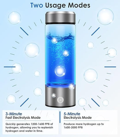 Hydrogen Water Bottle, Type-C Rechargeable Hydrogen Water Bottle Generator 3Min Quick Electrolysis, Portable Health Hydrogen Water Machine for Home Office Travel and Daily Drinking, SilverGray