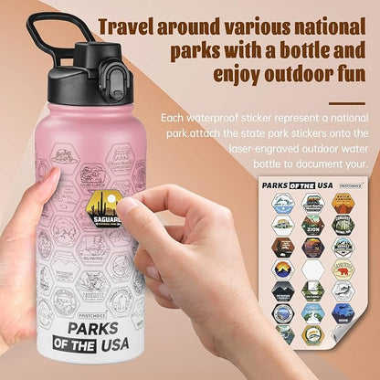 National Parks Water Bottle with Stickers and Straw,32oz Double Wall Vacuum Wide Mouth Insulated Water Bottle for Travel,BPA-free and Leak-proof (32oz,Pink White)