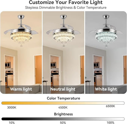 LEONTYNE 42" Modern Fandeliers Chandelier Ceiling Fan LED Dimmable Crystal Ceiling Fan with Light and Remote 6 Speed 3 Blades Retractable Fans for Bedroom Living Dining Room (APP & Timing)