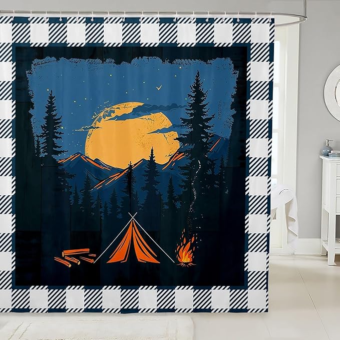Feelyou Happy Camping Shower Curtain Rustic Farmhouse Style Fabric Shower Curtain for Kids Galaxy Bathroom Waterproof Accessories with 12 Hooks Dark Blue and White Plaid Curtains,72X72 Inches