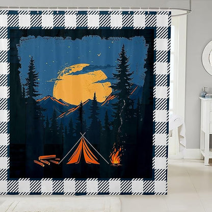Feelyou Happy Camping Shower Curtain Rustic Farmhouse Style Fabric Shower Curtain for Kids Galaxy Bathroom Waterproof Accessories with 12 Hooks Dark Blue and White Plaid Curtains,72X72 Inches