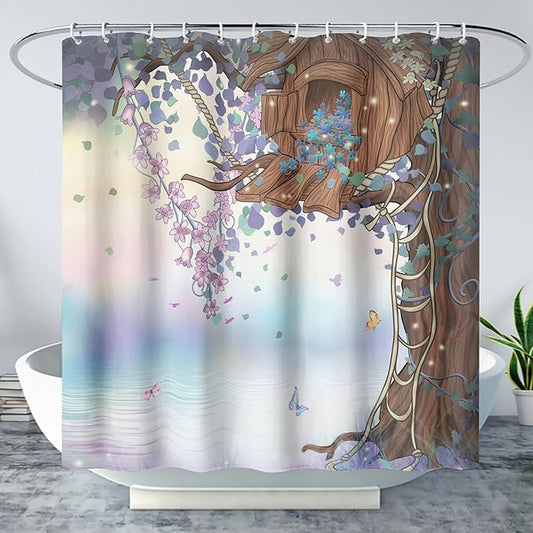 AILONEN Purple Tree Leaves Shower Curtain,Botanical Floral Plants Vine Shower Curtain,Butterfly Floral Shower Curtain for Bathroom Decor Polyester Waterproof with Grommets and Hooks 60" W*72" H