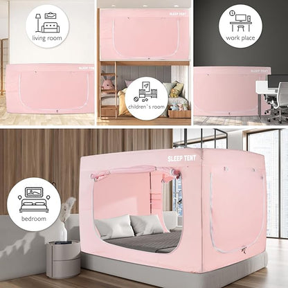 BORNA Bed Tent Twin Bed Canopy for Indoor Portable Light Reducing Sleeping Canopy for Kids and Adult,Bunk Blackout Tents Breathable Privacy Space Tent Mosquito Netting for Bed(Macaron Pink)