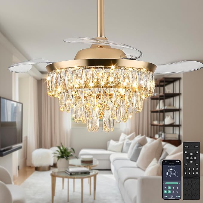 LEONTYNE 36" Modern Crystal Ceiling Fan with Lights and Remote Invisible Retractable LED Dimmable Chandelier Fan 3 Blades 6 Speeds Fandelier for Bedroom Living Room Dining Room(Gold)