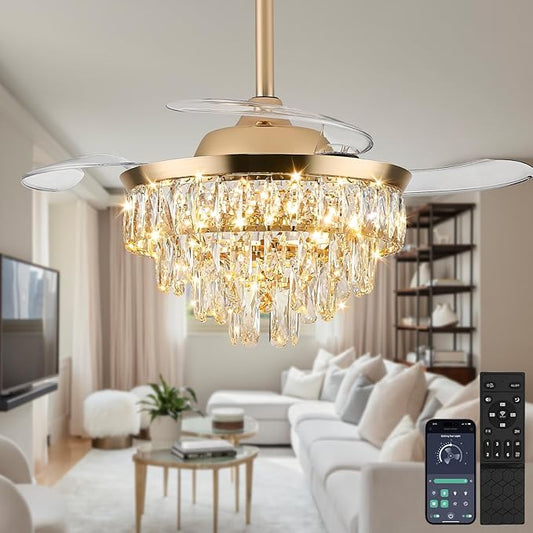 LEONTYNE 36" Modern Crystal Ceiling Fan with Lights and Remote Invisible Retractable LED Dimmable Chandelier Fan 3 Blades 6 Speeds Fandelier for Bedroom Living Room Dining Room(Gold)