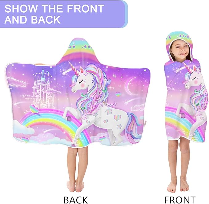 Unicorn Beach Towel, Unicorn Towel for Girls with Hood, Rainbow Unicorn Hooded Towel for Kids 30" x 50", Cute Cartoon Microfiber Absorbent Soft Bath Towel Poncho Bathrobe for Swin Pool
