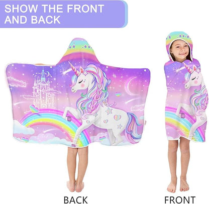 Unicorn Beach Towel, Unicorn Towel for Girls with Hood, Rainbow Unicorn Hooded Towel for Kids 30" x 50", Cute Cartoon Microfiber Absorbent Soft Bath Towel Poncho Bathrobe for Swin Pool