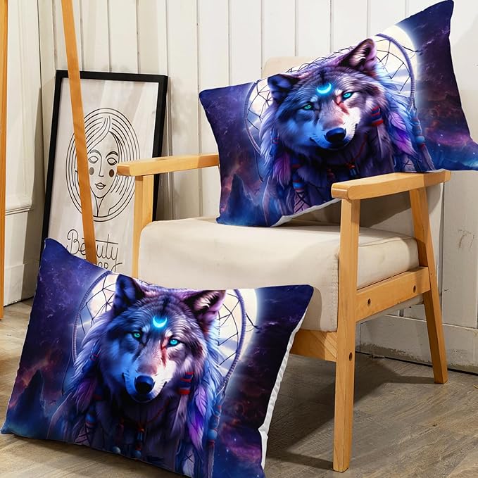 AILONEN Wolf Dream Catcher Fitted Sheet Set Twin Evening Purple Galaxy Starry Moon Wolf Bed Sheet with 2 Pillowcases,3 Pieces Wolf Print Boys Girls Twin Fitted Sheet Set