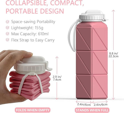 Collapsible Water Bottles, Silicone Foldable Portable Water Bottle 610ml, Lightweight Reusable Leakproof for Travel Camping Hiking Cycling Yoga Sports Outdoor