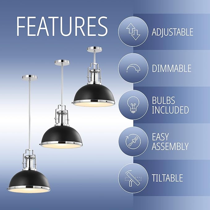 JONATHAN Y JYL9536B Homer 13" Adjustable Iron/Glass Vintage LED Kitchen Pendant for Living Room Bedroom, Classic Cottage, Black/Chrome