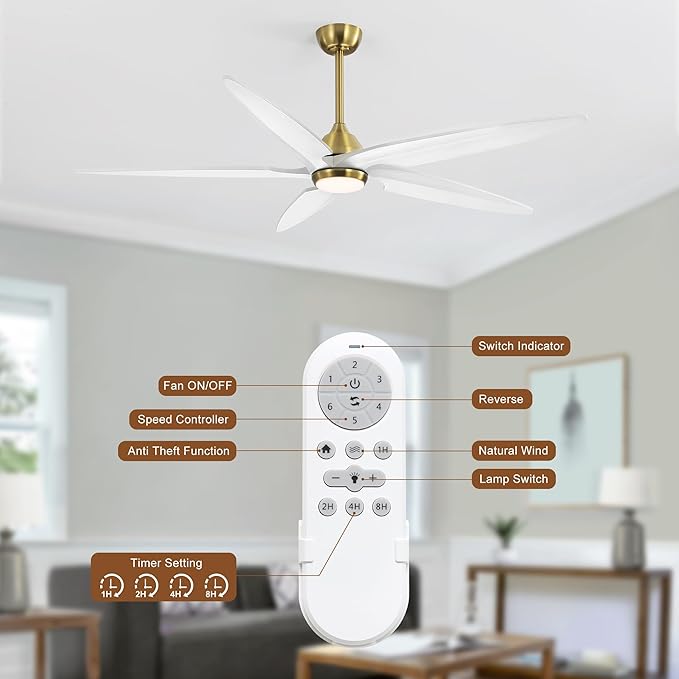 64 Inch Modern Ceiling Fan with Lights and Remote, 5 Wood Blades, 6-Speed Noiseless Reversible DC Motor with Replaceable Downrods for Bedroom Living Room Dining Room, Gold and White