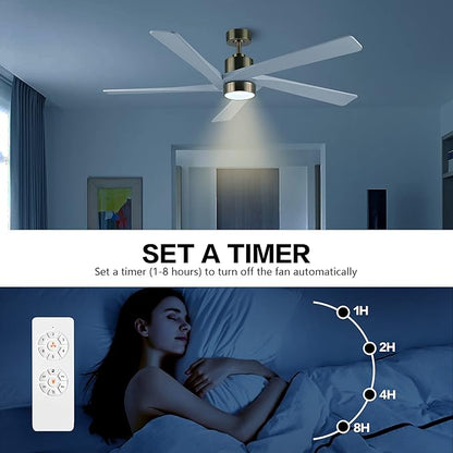 WINGBO 72 Inch DC Ceiling Fan with Lights and 3 Downrods, 5 Reversible Carved Wood Blades, 6-Speed Noiseless DC Motor, Large Ceiling Fan in Brass Finish with White Blades, ETL Listed