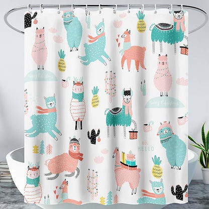 AILONEN Cute Llama Alpaca Shower Curtain 72" W*72" H Bathroom Curtains for Kids,Cartoon Animals Colorful Girls Cactus Bath Decor Fabric Polyester Waterproof Shower Curtain with 12 Pack Plastic Hooks