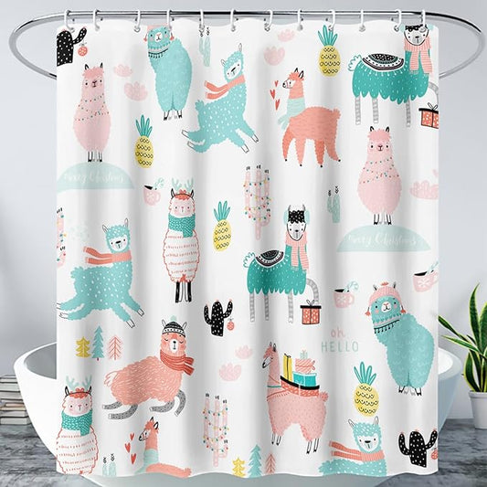 AILONEN Cute Llama Alpaca Shower Curtain 72" W*72" H Bathroom Curtains for Kids,Cartoon Animals Colorful Girls Cactus Bath Decor Fabric Polyester Waterproof Shower Curtain with 12 Pack Plastic Hooks