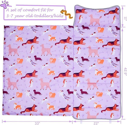 UOMNY Toddler Nap Mat Girls Kids Nap Mats with Removable Pillow and Blanket,Dogs Toddler Sleeping Bag for Preschool Daycare Pink for Dog Lovers 53x21 Inch
