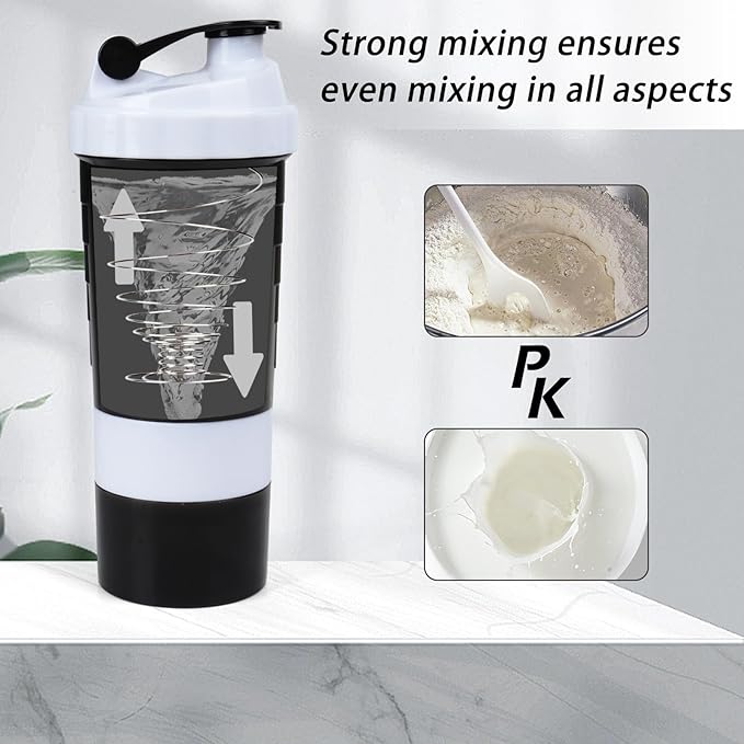 Shaker Bottle - Protein Shaker Cup with Storage Compartments - Leak-proof Workout Shake Bottles with Mixer for Smooth Mixing-500ML/16oz (WHITE & BLACK)