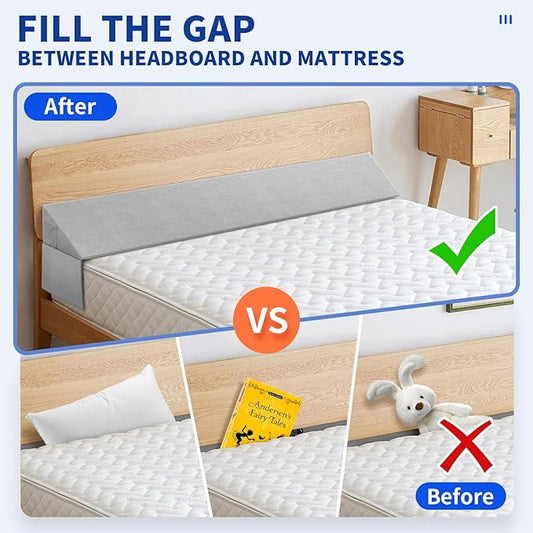 Bed Wedge Pillow for Headboard Gap, Queen Size Bed Wedge Gap Filler Mattress Wedge Filler(0-8") Triangle Bloster Pillow Wedge with 2 Side Pocket (60"x10"x6")