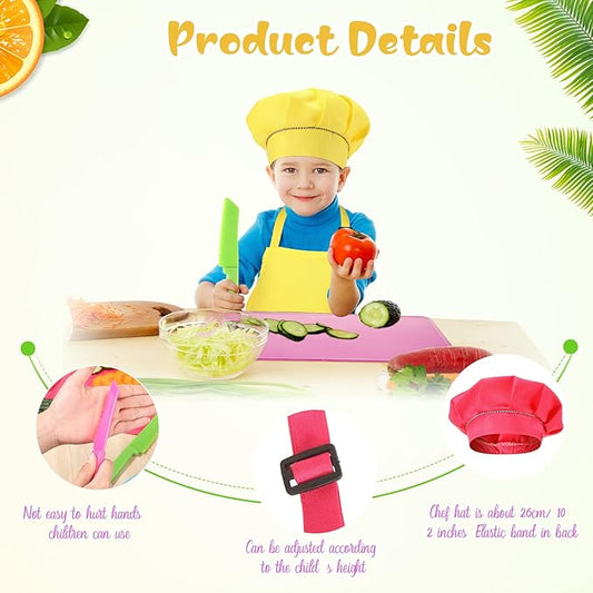 Sratte 20 Pcs Kids Apron and Chef Hat Set Kids Plastic Knife Set with Cutting Board, 5 Toddler Apron 5 Chef Hat 5 Kid Safe Knives 5 Kids Chopping Board for Baking Cooking Club, Preschool Class