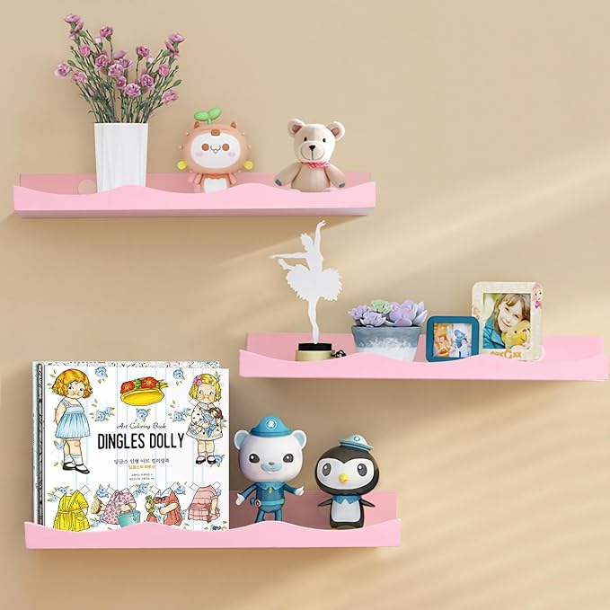 AZSKY Floating Bookshelf for Kids, Picture Ledge Shelf for Wall Decor and Storage 16 Inches Nursery Book Shelves Set 3, Baby Book Shelf for Kids Room Decor(Pink)