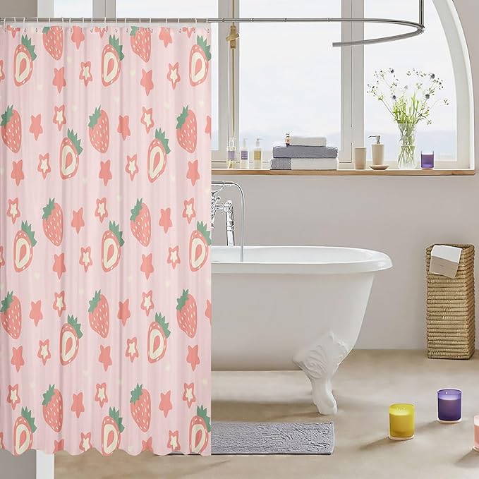 Feelyou Pink Strawberry Fabric Shower Curtain Kawaii Fruit Shower Curtain for Kids Boys Girls Cute Stars Strawberry Bathroom Waterproof Accessories with 12 Hooks Kawaii Lovely Curtains,72x72 Inches