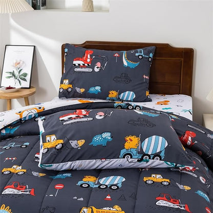 Meeting Story Construction Truck Car Full Comforter Set for Boys,5 Pieces Dinosaur Bedding Set with Sheets and Pillowcases，Excavator Lightweight Microfiber Bedding Sets（Grey，Full5pcs）