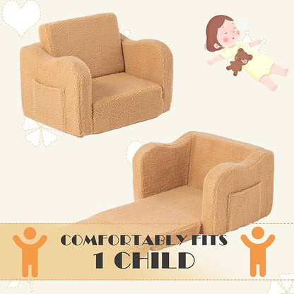Baby Toddler Sofa Couch for Kids Foldable 2-in-1 Sherpa Fold Out Couch Bed for Playroom, Pull Out Children Convertible Sofa to Lounger Sleeper Chair for Boys & Girls with Double Pockets - Dark Camel