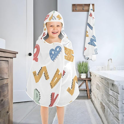 Kids Hooded Beach Towel, Cute Dinosaur Alphabet Print Beach Bath Towel with Hood for Boys Girls 50"x23.5", Soft Absorbent Quick Dry Beach Swim Pool Towel for Toddler