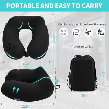 Inflatable Travel Neck Pillow for Airplane, 360° Head Support Velvet Adult Neck Pillow for Long Flight, Removable Washable Cover, Kit with Eye Masks, Earplugs & Storage Bag, Black