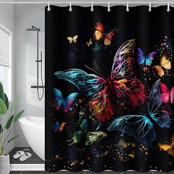 AILONEN Colorful Butterfly Shower Curtain, Tie Dye Butterfly Bath Curtain,Modern Fashion Minimalist Decorative Shower Curtain with 12 Plastic Hooks (Kids/Girls/Women/Teen/) Black 72" W*78" H