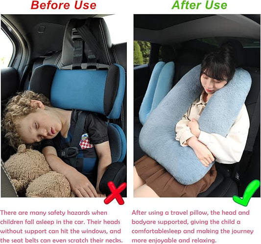 Kids Travel Pillow for Car Seat with Hand Muff, Cartoon Neck & Headrest Seat Belt Pillow for Car Road Trips Long-Distance Travel Sleeping Pillow for Adults and Children, Dark Gray
