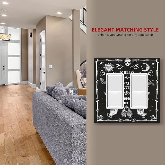 Black Witchy Skeleton Skull Gothic Sun Moon 2 Gang Rocker Decora Novelty Light Switch Covers Decorative Unique Dual Outlet Covers Wall Plate Electrical Faceplate Switchplate GFCI