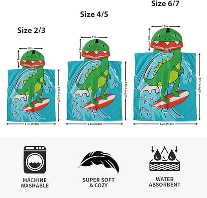 Boys and Girls Absorbent Hooded Beach Towel Pullover Character Microfiber Bath Towel with Side Snaps (Dino, 2-3T)