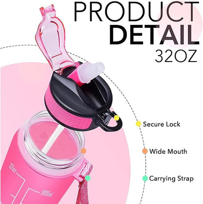 Mimi 32 oz Water Bottle with Times Marker to Drink and Straw, Carrying Strap, Leakproof Tritan BPA-Free, Ensure You Drink Enough Water for Fitness, Gym, Camping, Outdoor Sports