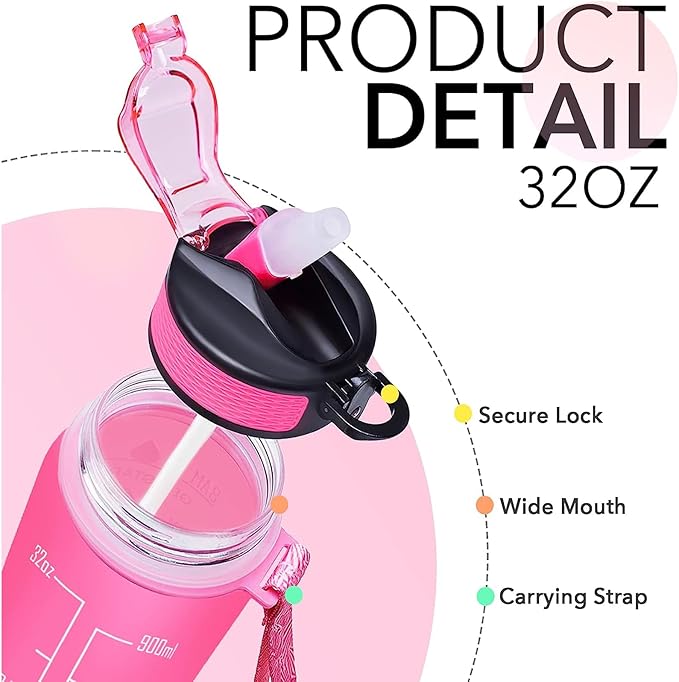 Mom 32 oz Water Bottle with Times Marker to Drink and Straw, Carrying Strap, Leakproof Tritan BPA-Free, Ensure You Drink Enough Water for Fitness, Gym, Camping, Outdoor Sports