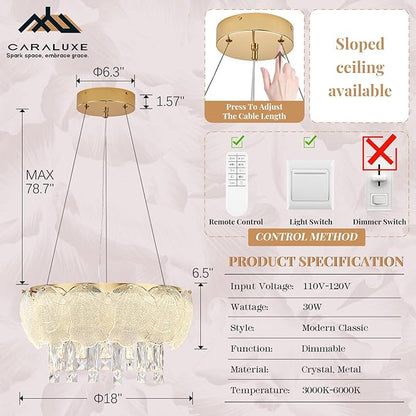 LED Crystal Chandelier Dimmable Dining Room Chandelier Over Table 18in Crystal Ring Light Fixture Modern Gold Round Chandelier Lighting for Bedroom Bathroom Entryway,30W with Remote Control