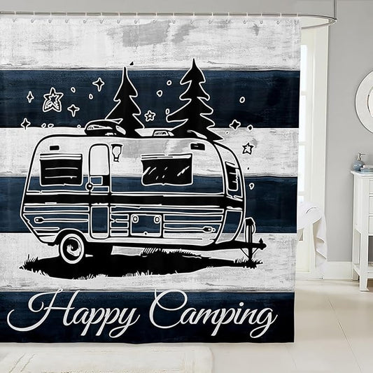 Feelyou Camper Shower Curtain Happy Camping Fabric Shower Curtain for Kids Boys Girls Rv Camping Bathroom Waterproof Accessories with 12 Hooks Camper Accessories Travel Trailers Curtains,72x84 Inches