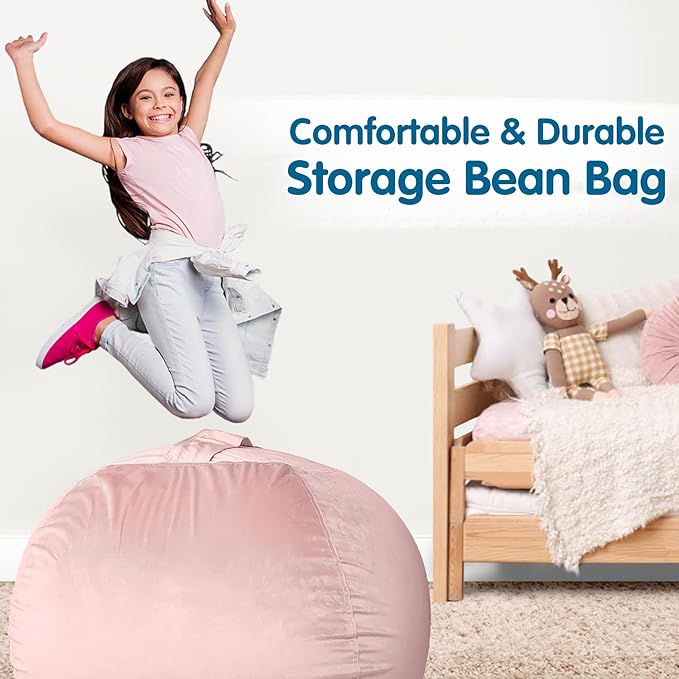 Lukeight Stuffed Animal Storage Bean Bag Chair Cover for Kids, Zipper Beanbag Chair Cover for Organizing Toddler and Kids' Rooms Plush Toys (Pink Velvet, X-Large)