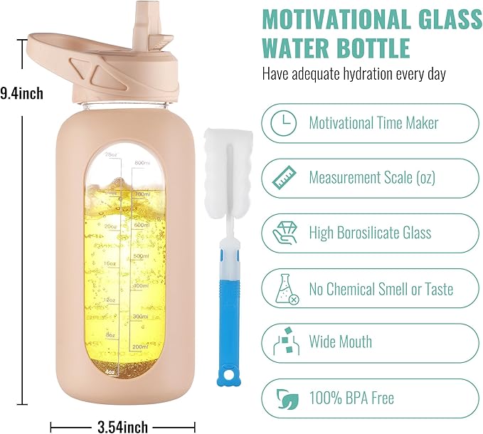CIVAGO 32 oz Glass Water Bottle with Straw and Handle, Large Sports Motivational Water Bottle Flask with Time Marker and 2 Lids, Leakproof Water Jug Canteen with Silicone Sleeve for Gym,Beige
