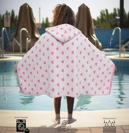 Hooded Bath Towel Wrap - 100% Cotton Jacquard Reversible Large Hooded Hearts Kids Towel - Toddler Shower Pool Beach Towel - Soft Plush Absorbent Quick Dry Easy Care Gift - 26 x 50 - Pink