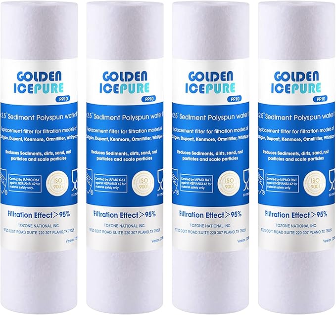 GOLDEN ICEPURE 5 Micron 10" x 2.5" Whole house Sediment Water Filter Replacement for WHKF-GD05, Aqua-Pure AP110, Culligan P5, DuPont WFPFC5002, CFS110, RS14 10 inch RO System Unit 4PACK